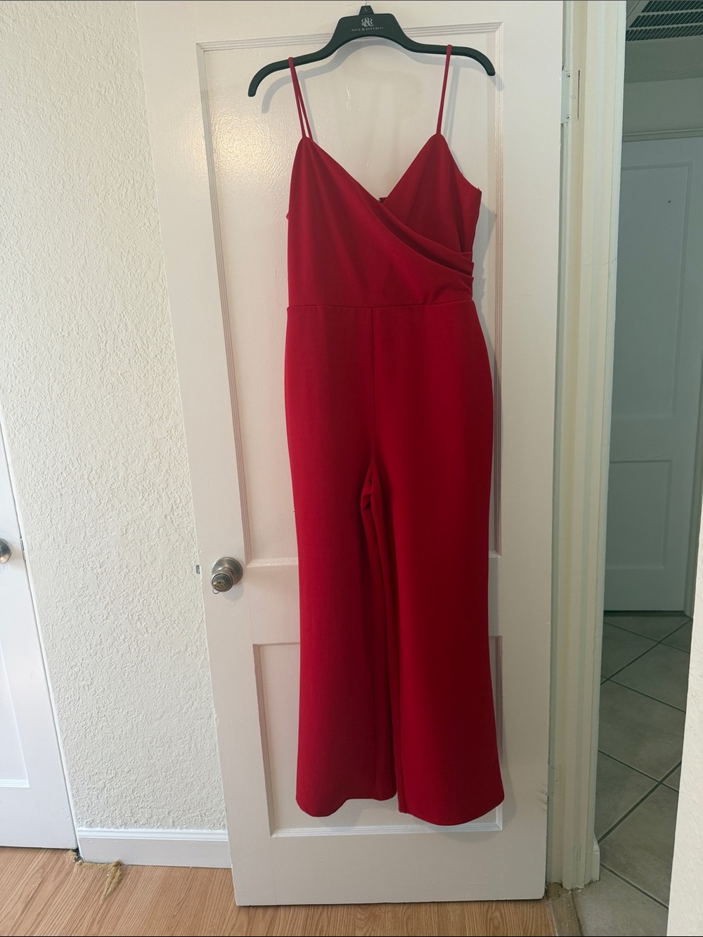 Women's Red Spaghetti-Strap Jumpsuit with Surplice V-Neck